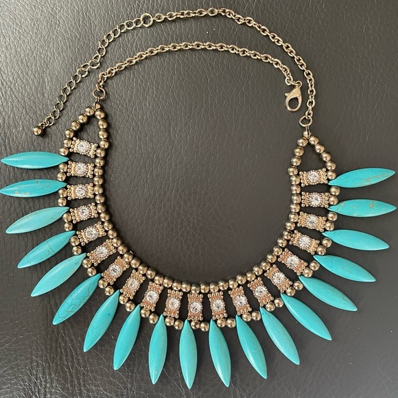 Turquoise, Crystal and Gold Statement Necklace - Picture 2 of 4